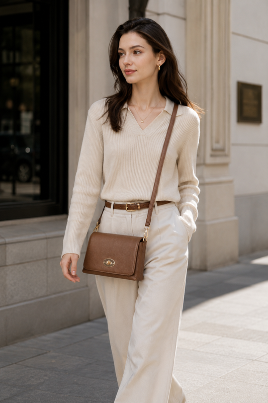 Genuine Leather Crossbody Bag - Brown