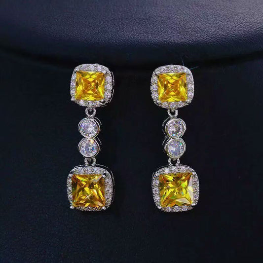 Yellow Crystal Gemstone Chandelier Dangle Topaz Earrings With Rhinestone