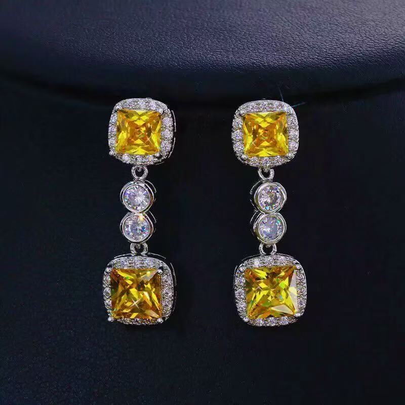 Yellow Crystal Gemstone Chandelier Dangle Topaz Earrings With Rhinestone