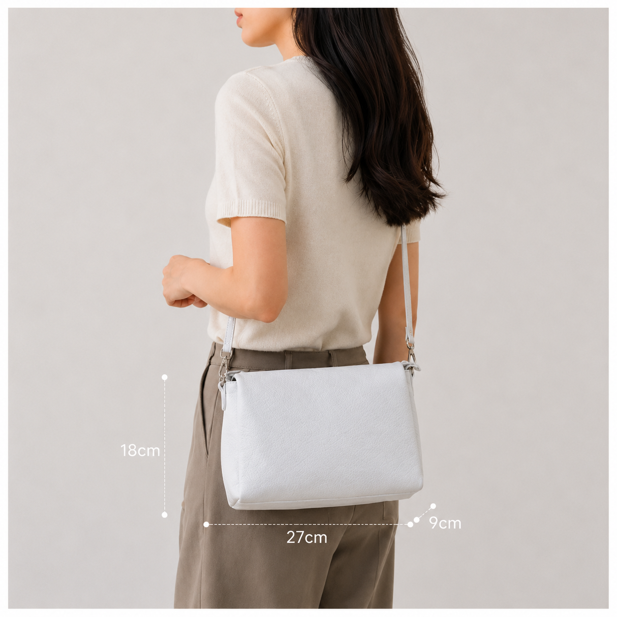 Genuine Leather Triple Compartment Shoulder Bag – White
