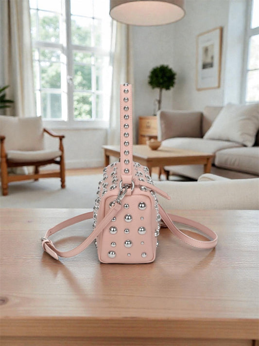 Ladies Women's Modern Style Medium Size Silver Studded Grab Crossbody Shoulder Bag