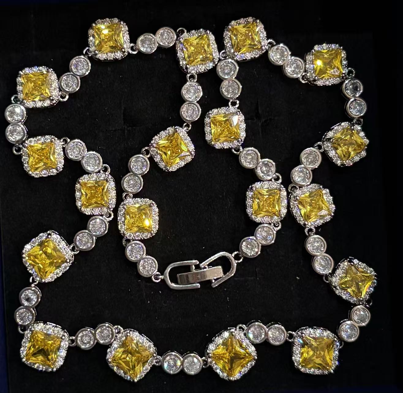 Yellow Square Crystal Gemstone Topaz Chandelier Drop Dangle Rhinestone Necklace