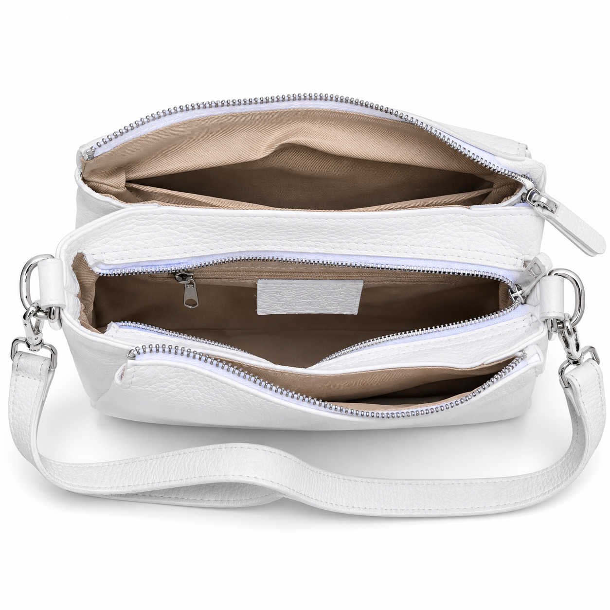 Genuine Leather Triple Compartment Shoulder Bag – White