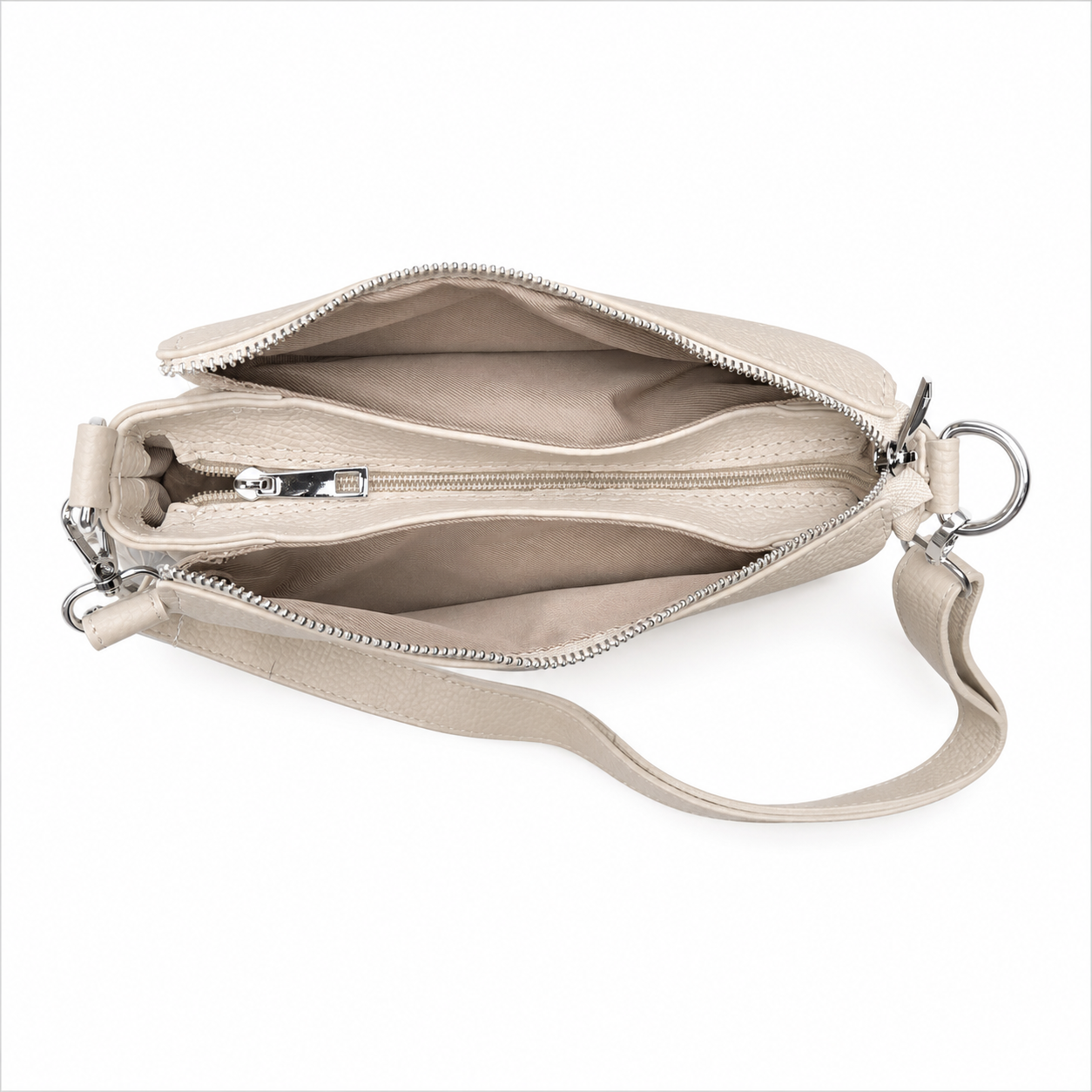 Genuine Leather Triple Compartment Shoulder Bag – Beige