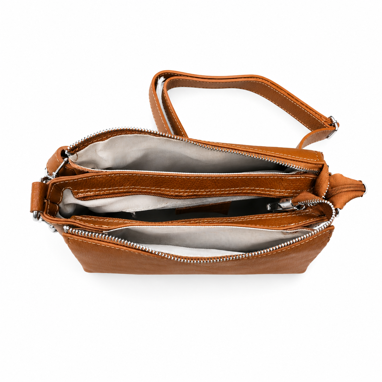 Genuine Leather Triple Compartment Shoulder Bag – Brown