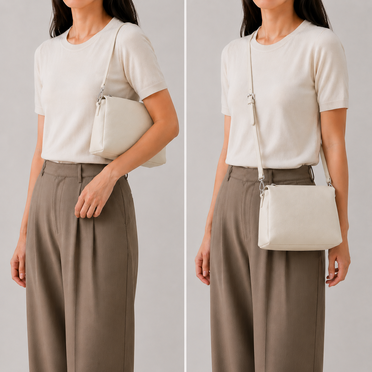 Genuine Leather Triple Compartment Shoulder Bag – Beige
