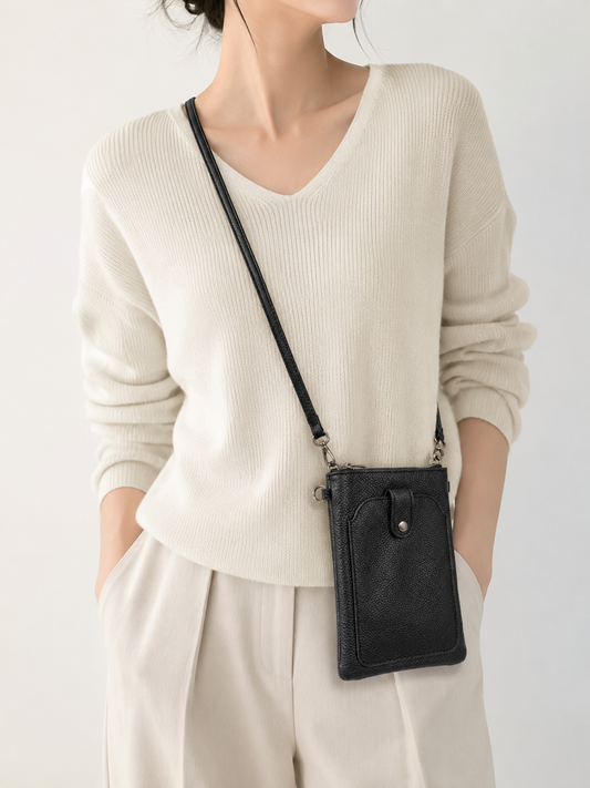 Genuine Leather Crossbody Phone Bag – Black
