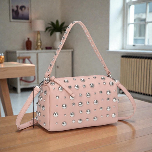Ladies Women's Modern Style Medium Size Silver Studded Grab Crossbody Shoulder Bag