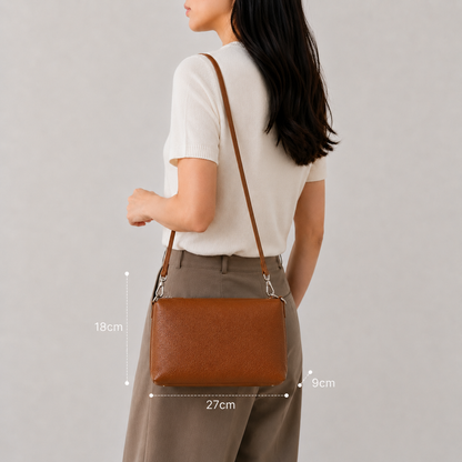 Genuine Leather Triple Compartment Shoulder Bag – Brown